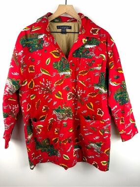 Vintage Fall Red Jacket Medium Birch Bros by The Eagles Eye Deer Leaves Corduroy